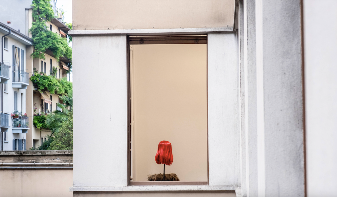 scalp standing lampshade red in the misschiefs exhibition at milan design week. photo daniel camerini.